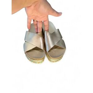 BP Nordstrom Women's Platform Sandal 9 Rose Gold Leather Criss Cross Straps Cork